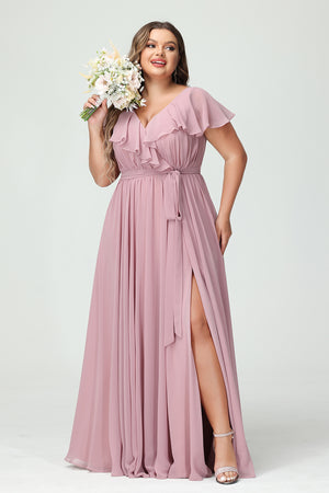 Chiffon V Neck Ruffles Pleated Corset Bridesmaid Dresses Pockets with Slit
