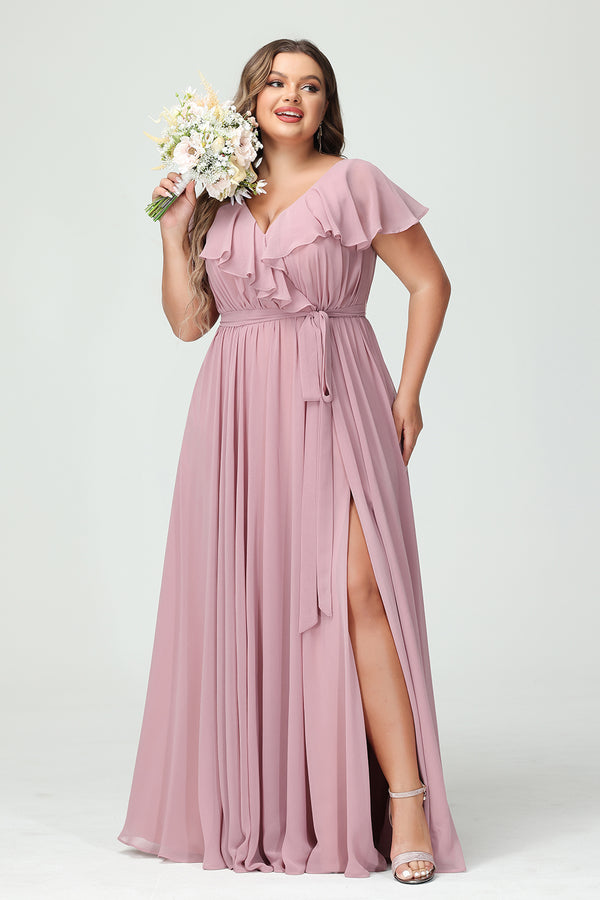 Chiffon V Neck Ruffles Pleated Corset Bridesmaid Dresses Pockets with Slit