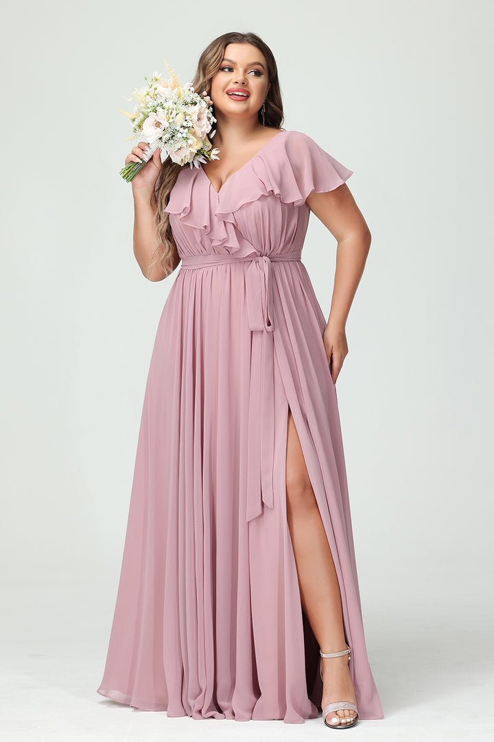 Chiffon V Neck Ruffles Pleated Corset Bridesmaid Dresses Pockets with Slit