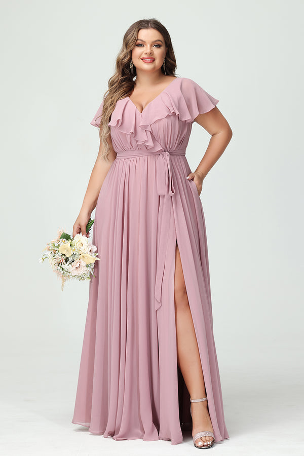 Chiffon V Neck Ruffles Pleated Corset Bridesmaid Dresses Pockets with Slit