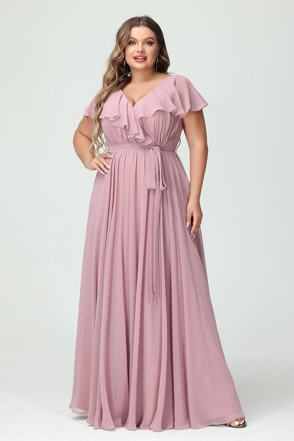 Chiffon V Neck Ruffles Pleated Corset Bridesmaid Dresses Pockets with Slit