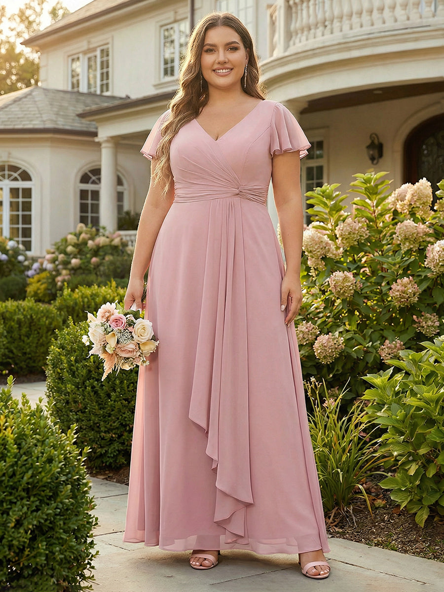 Chiffon V Neck Pleated Corset Pockets Bridesmaid Dresses with Slit