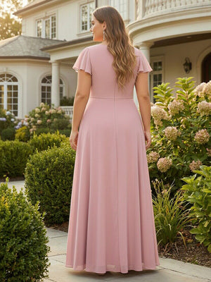 Chiffon V Neck Pleated Corset Pockets Bridesmaid Dresses with Slit