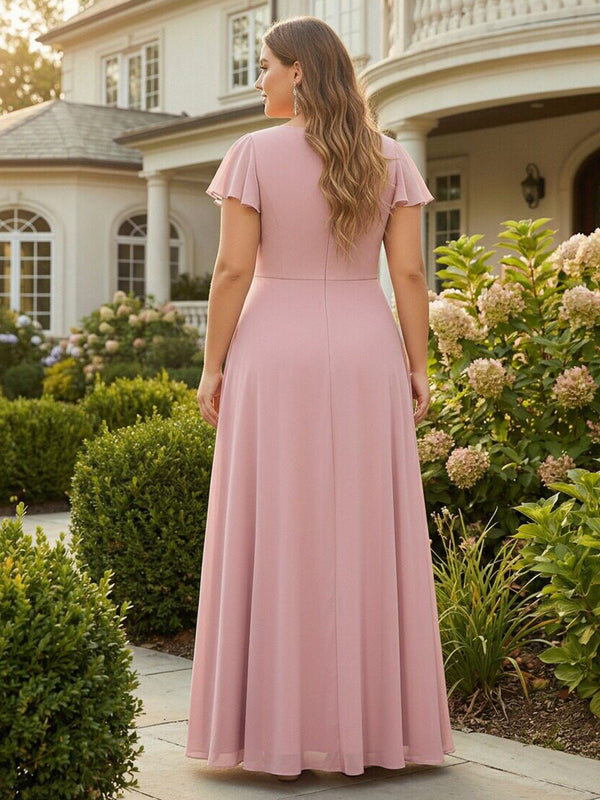 Chiffon V Neck Pleated Corset Pockets Bridesmaid Dresses with Slit