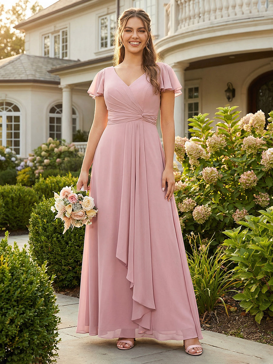 Chiffon V Neck Pleated Corset Pockets Bridesmaid Dresses with Slit