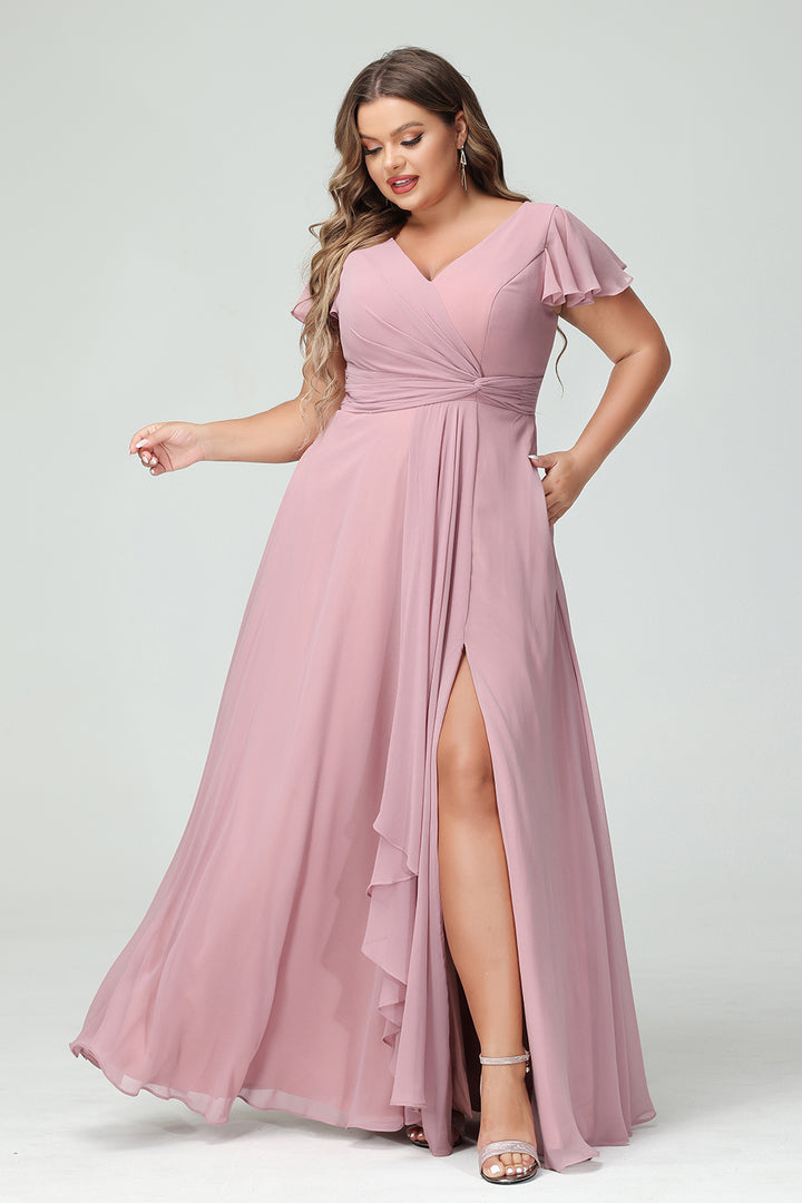 Chiffon V Neck Pleated Corset Pockets Bridesmaid Dresses with Slit
