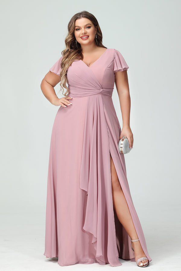 Chiffon V Neck Pleated Corset Pockets Bridesmaid Dresses with Slit