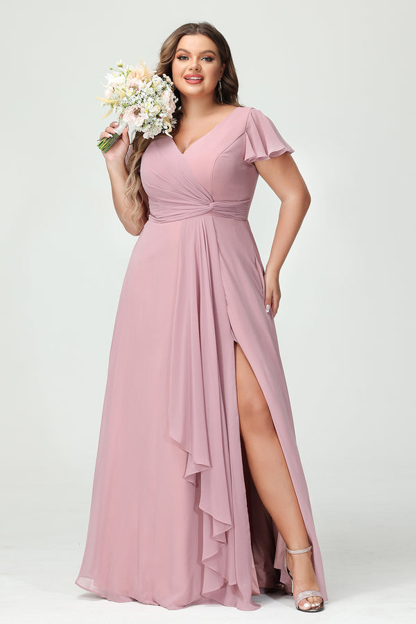 Chiffon V Neck Pleated Corset Pockets Bridesmaid Dresses with Slit