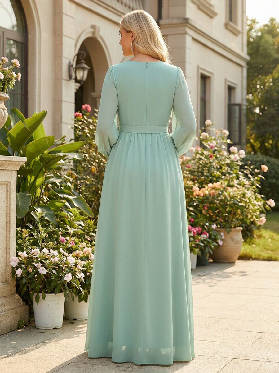 Chiffon Pleated  V Neck Corset Bridesmaid Dresses Pockets with Slit