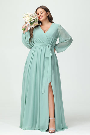 Chiffon Pleated  V Neck Corset Bridesmaid Dresses Pockets with Slit
