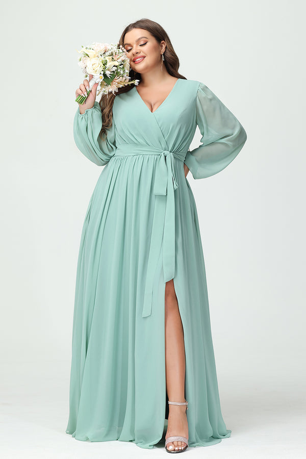 Chiffon Pleated  V Neck Corset Bridesmaid Dresses Pockets with Slit