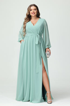 Chiffon Pleated  V Neck Corset Bridesmaid Dresses Pockets with Slit