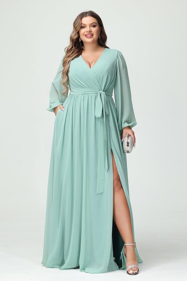 Chiffon Pleated  V Neck Corset Bridesmaid Dresses Pockets with Slit