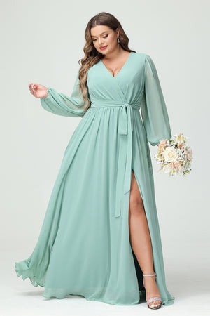 Chiffon Pleated  V Neck Corset Bridesmaid Dresses Pockets with Slit