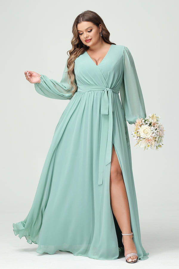 Chiffon Pleated  V Neck Corset Bridesmaid Dresses Pockets with Slit