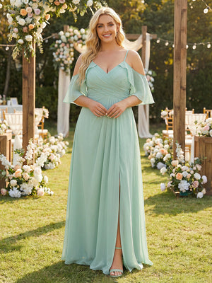 Chiffon Spaghetti Straps Pleated Corset Side Slit Bridesmaid Dresses with  Pockets