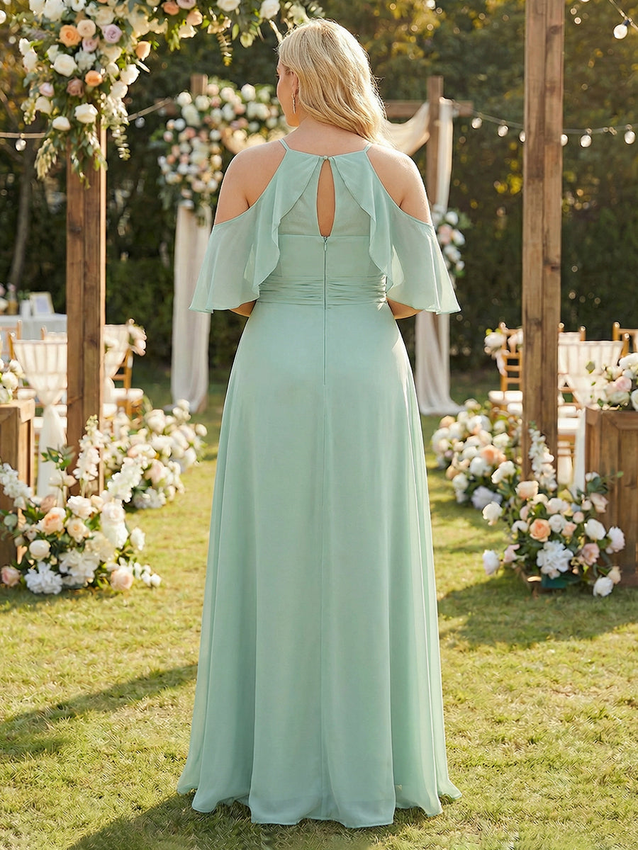 Chiffon Spaghetti Straps Pleated Corset Side Slit Bridesmaid Dresses with  Pockets