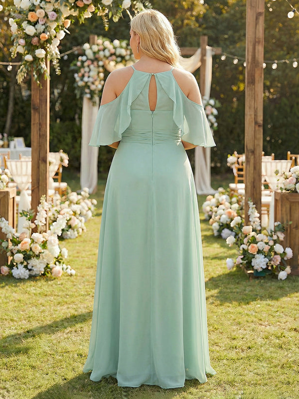 Chiffon Spaghetti Straps Pleated Corset Side Slit Bridesmaid Dresses with  Pockets