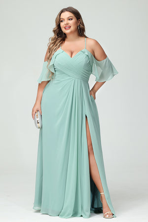 Chiffon Spaghetti Straps Pleated Corset Side Slit Bridesmaid Dresses with  Pockets