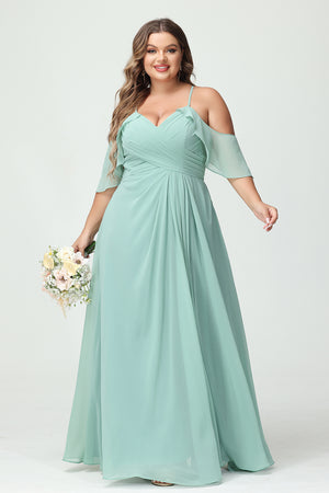 Chiffon Spaghetti Straps Pleated Corset Side Slit Bridesmaid Dresses with  Pockets