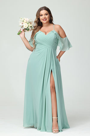 Chiffon Spaghetti Straps Pleated Corset Side Slit Bridesmaid Dresses with  Pockets