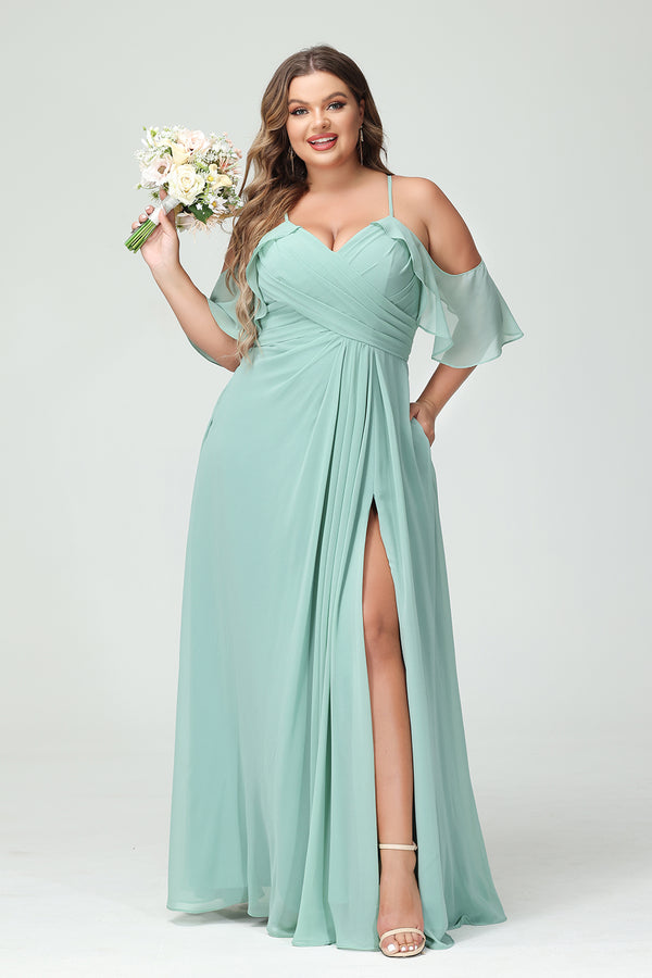 Chiffon Spaghetti Straps Pleated Corset Side Slit Bridesmaid Dresses with  Pockets