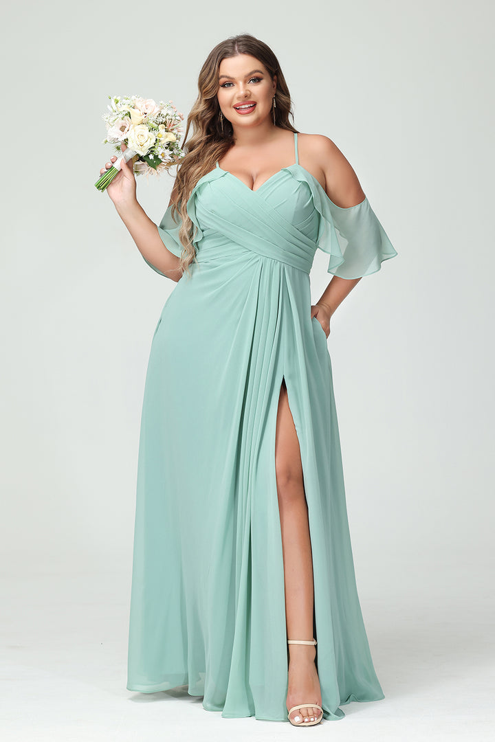 Chiffon Spaghetti Straps Pleated Corset Side Slit Bridesmaid Dresses with  Pockets