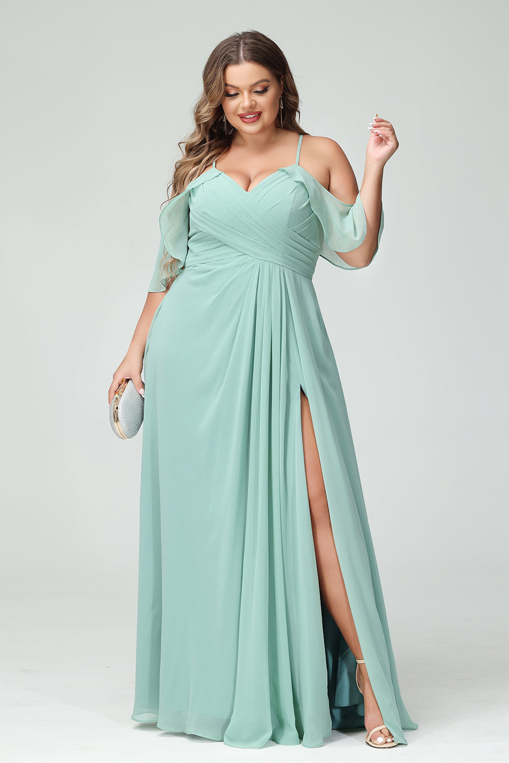 Chiffon Spaghetti Straps Pleated Corset Side Slit Bridesmaid Dresses with  Pockets