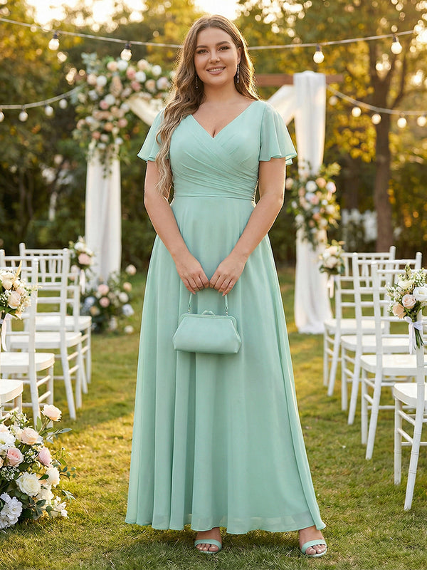 Chiffon Pleated Corset Ruffles Bridesmaid Dresses with Slit
