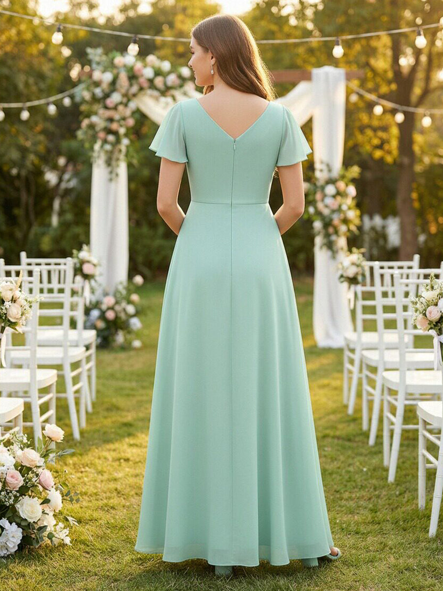 Chiffon Pleated Corset Ruffles Bridesmaid Dresses with Slit