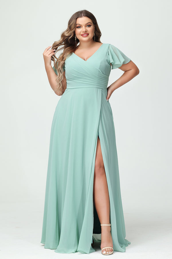 Chiffon Pleated Corset Ruffles Bridesmaid Dresses with Slit