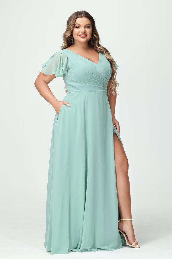 Chiffon Pleated Corset Ruffles Bridesmaid Dresses with Slit