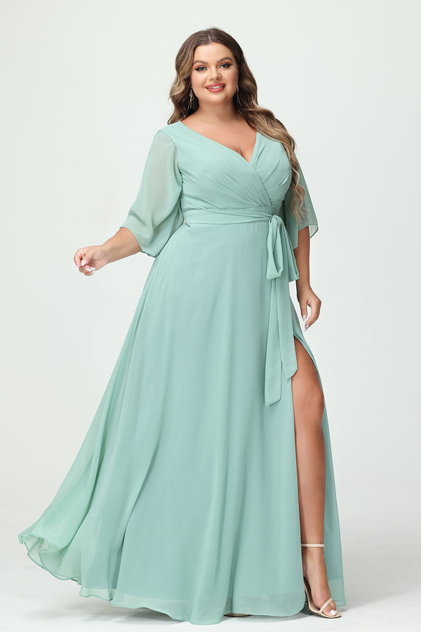 Chiffon V Neck Pleated Corset Ruffles Pockets Bridesmaid Dresses with Slit