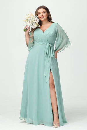 Chiffon V Neck Pleated Corset Ruffles Pockets Bridesmaid Dresses with Slit