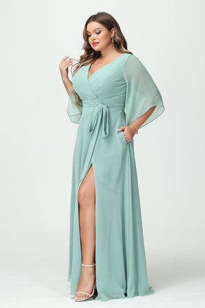 Chiffon V Neck Pleated Corset Ruffles Pockets Bridesmaid Dresses with Slit