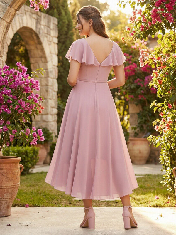 Chiffon Ruffles Pockets V Neck Pleated Corset Bridesmaid Dresses with Slit