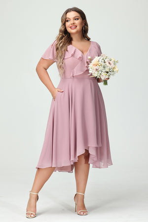 Chiffon Ruffles Pockets V Neck Pleated Corset Bridesmaid Dresses with Slit