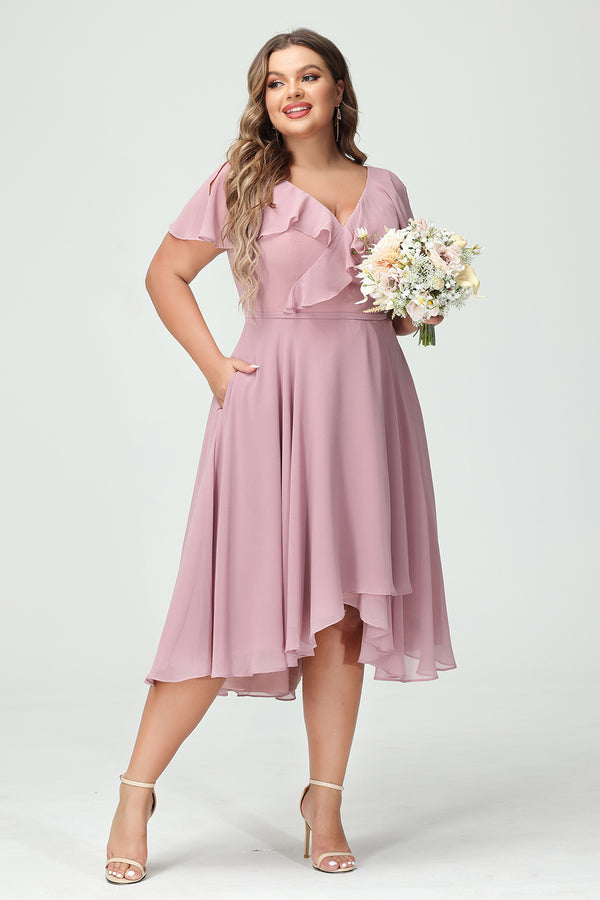 Chiffon Ruffles Pockets V Neck Pleated Corset Bridesmaid Dresses with Slit