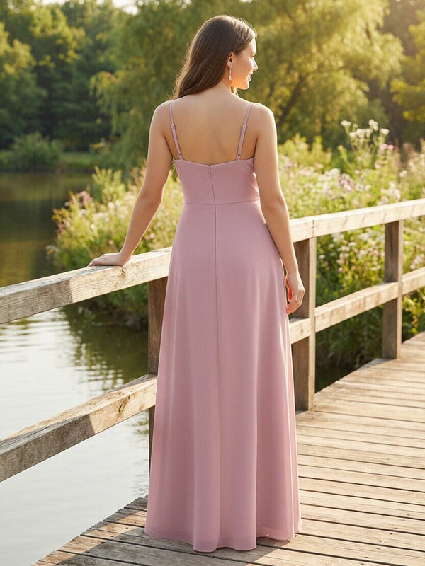 Chiffon V Neck Spaghetti Straps Pleated Corset Bridesmaid Dresses with Slit