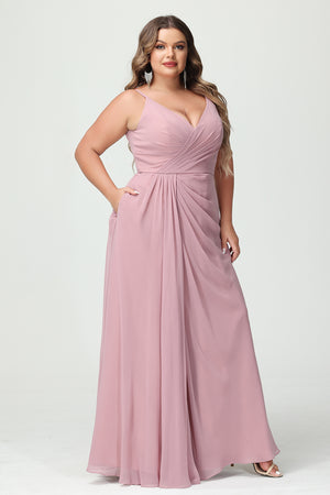Chiffon V Neck Spaghetti Straps Pleated Corset Bridesmaid Dresses with Slit
