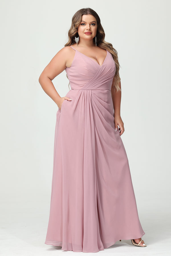Chiffon V Neck Spaghetti Straps Pleated Corset Bridesmaid Dresses with Slit