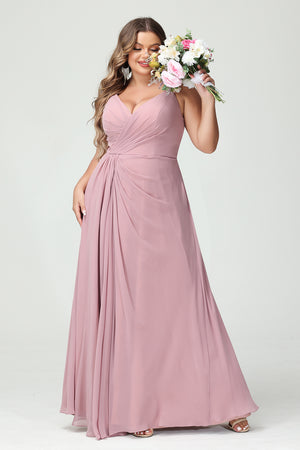 Chiffon V Neck Spaghetti Straps Pleated Corset Bridesmaid Dresses with Slit