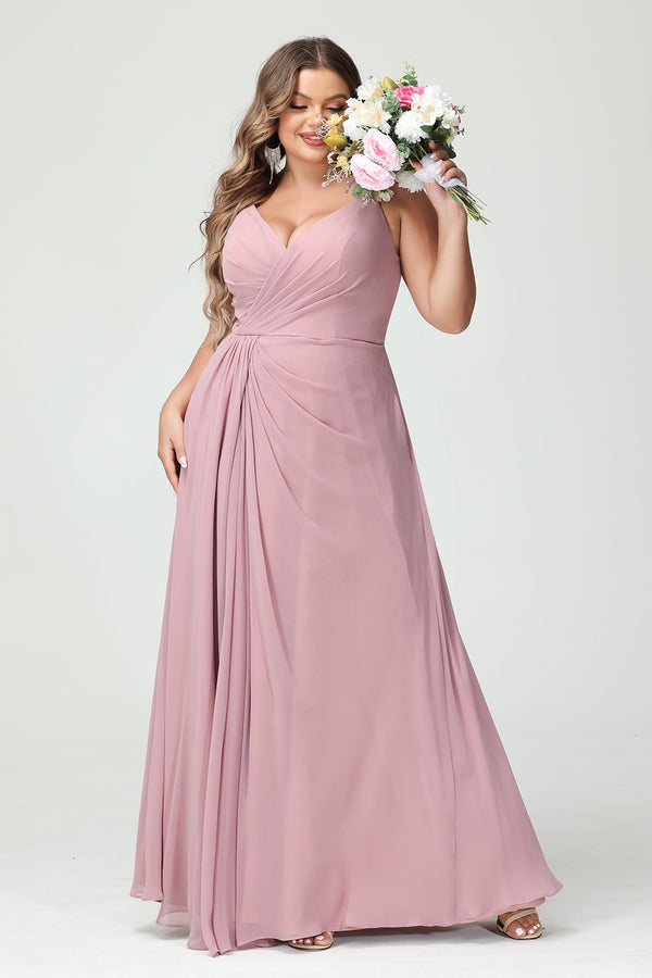 Chiffon V Neck Spaghetti Straps Pleated Corset Bridesmaid Dresses with Slit