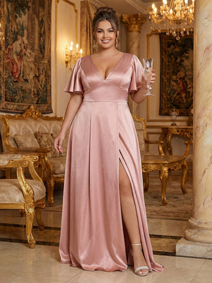 Satin V Neck Pleated Ruffles Corset Bridesmaid Dresses with Slit