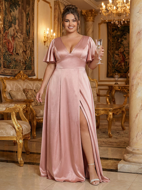 Satin V Neck Pleated Ruffles Corset Bridesmaid Dresses with Slit