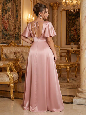 Satin V Neck Pleated Ruffles Corset Bridesmaid Dresses with Slit
