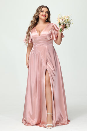 Satin V Neck Pleated Ruffles Corset Bridesmaid Dresses with Slit