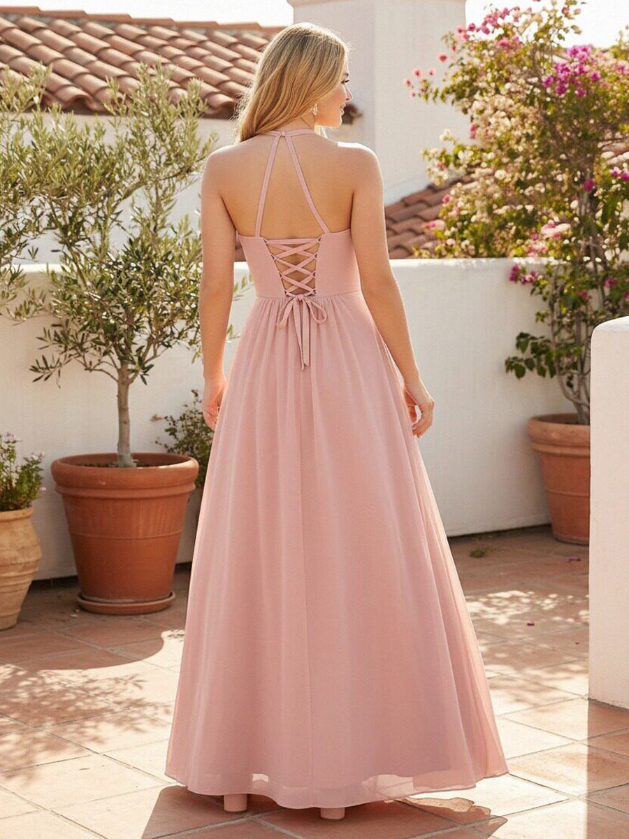 Halter Chiffon Pleated Corset Bridesmaid Dresses with Slit