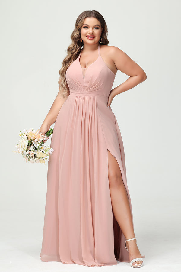 Halter Chiffon Pleated Corset Bridesmaid Dresses with Slit