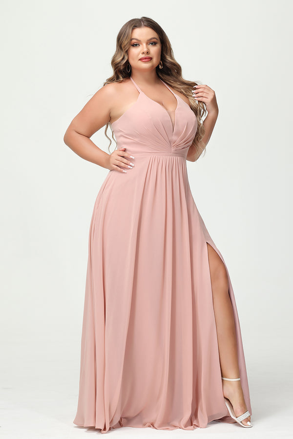 Halter Chiffon Pleated Corset Bridesmaid Dresses with Slit
